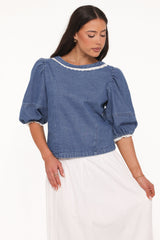 Merli Denim Open Back Top - Blue Medium Wash