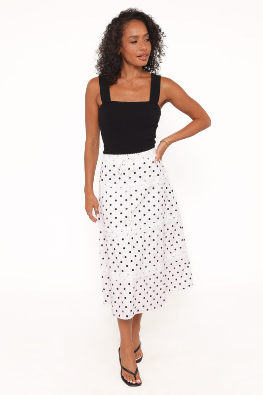 Lucia Tiered Midi Skirt - White Polka Dot