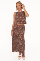 Madison Linen Column Skirt - Brown Floral