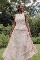 Mena Pleated Maxi Skirt - Blurred Pink Floral