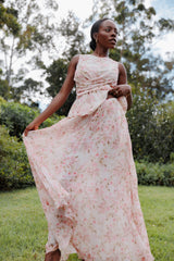 Mena Pleated Maxi Skirt - Blurred Pink Floral