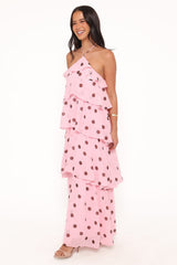 Chasity Halterneck Maxi Dress - Pink Polka Dot
