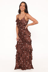 Ciao Ruffles Maxi Satin Dress - Brown Polka Dot