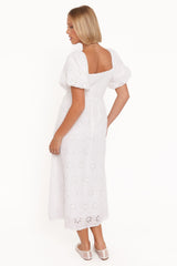 Clo Puff Sleeve Midi Dress - White Broderie