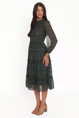 Edwina Shirred Frill Long Sleeve Midi Dress - Olive Floral