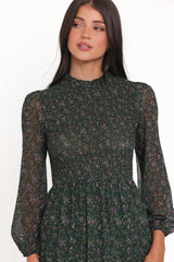 Edwina Shirred Frill Long Sleeve Midi Dress - Olive Floral