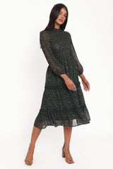 Edwina Shirred Frill Long Sleeve Midi Dress - Olive Floral