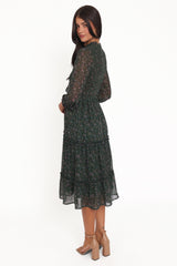 Edwina Shirred Frill Long Sleeve Midi Dress - Olive Floral