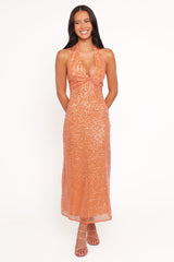 Eisley Halter Midi Dress - Orange Sequin