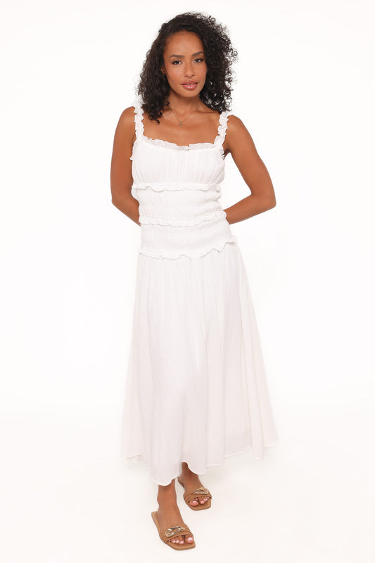 Enola Gather Midi Dress - White