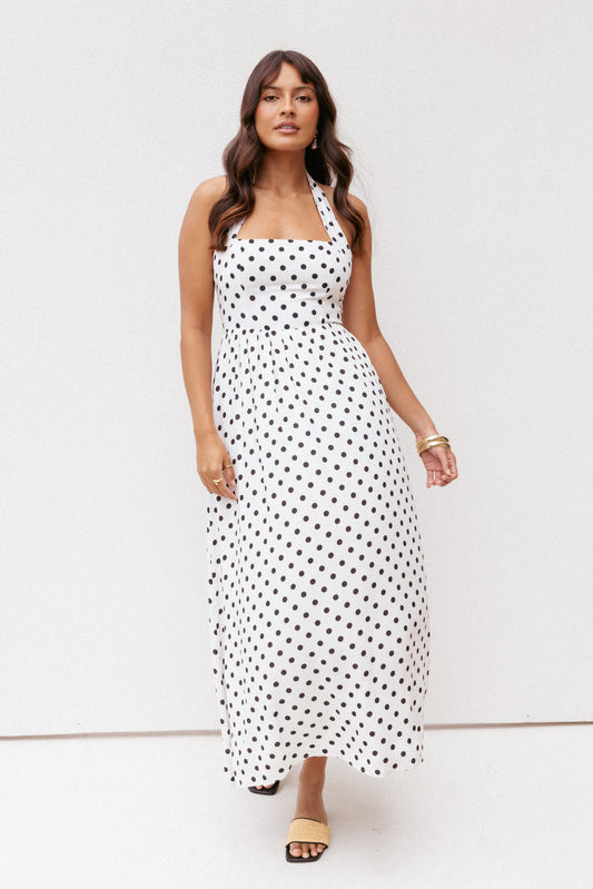 Gemini Halterneck Maxi Dress - White Polka Dot