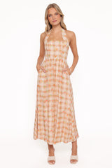 Gemini Halterneck Maxi Dress - Yellow Floral Gingham
