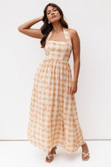 Gemini Halterneck Maxi Dress - Yellow Floral Gingham