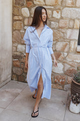 Harlan Long Sleeve Midi Dress - Blue Pink Stripe