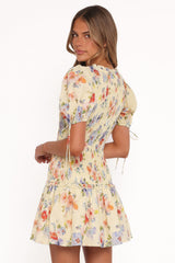 Kaelyn Gather Mini Dress - Yellow Floral