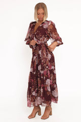 Korina Long Sleeve Maxi Dress - Burgundy Brandy Bloom