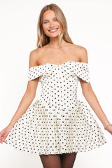 Marlie Off Shoulder Mini Dress - Cream Polka Dot