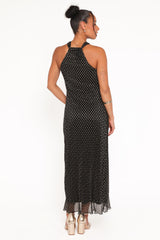 Melody Plisse Halter Maxi Dress - Black/Gold Polka Dot