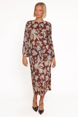 Morena Long Sleeve Midi Dress - Brown Floral