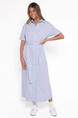 Morrison Short Sleeve Shirt Dress - Blue Brown Stripe