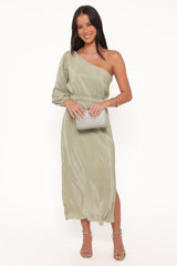 Pontee One Shoulder Pleated Midi Dress - Sage Green