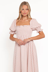 Siun Short Sleeve Midi Dress - Brown Gingham