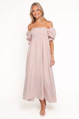 Siun Short Sleeve Midi Dress - Brown Gingham