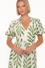 Steele Puff Sleeve Midi Dress - Green Palm