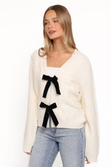 Bree Velvet Bow Cardigan - Cream