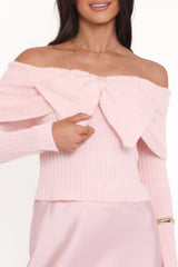 Helene Bow Off Shoulder Knit Sweater - Pink