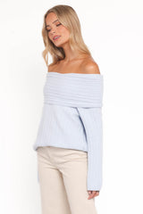 Kenny Off Shoulder Knit Sweater - Pale Blue