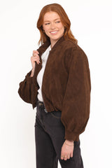 Goldie Faux Suede Bomber Jacket - Brown