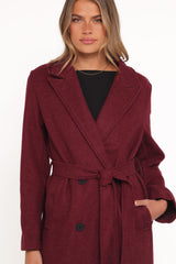 Nina Fur Collar Tie Waist Coat - Burgundy