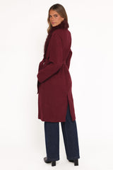 Nina Fur Collar Tie Waist Coat - Burgundy