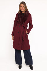 Nina Fur Collar Tie Waist Coat - Burgundy