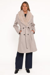 Nina Fur Collar Tie Waist Coat - Cream