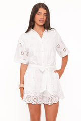 Jamie Tie Front Romper - White Broderie