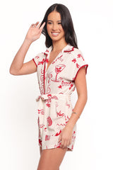 Kensie Tie Waist Romper - Red