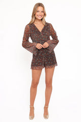 Rhiannon Long Sleeve Romper - Brown Floral