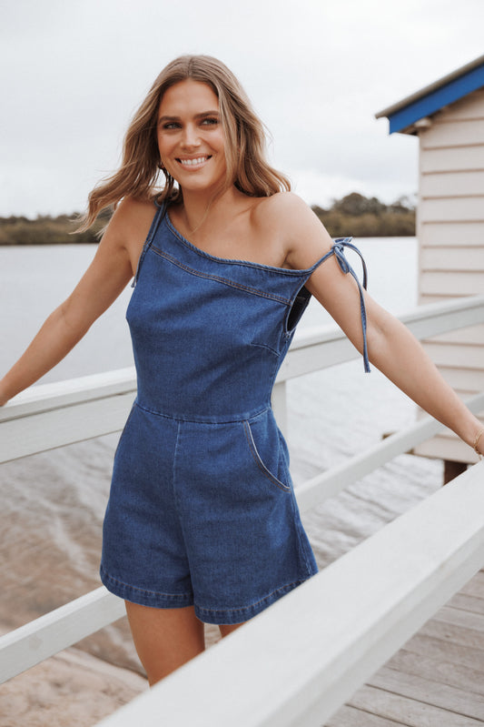 Tatum Off Shoulder Romper - Dark Denim
