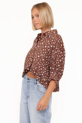 Ashe Cropped Button Up Top - Brown Floral