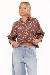 Ashe Cropped Button Up Top - Brown Floral