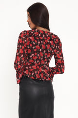 Aveline Chiffon Ruffle Front Top - Brown Floral