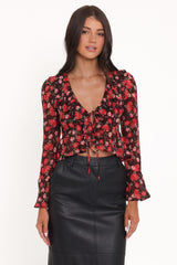 Aveline Chiffon Ruffle Front Top - Brown Floral