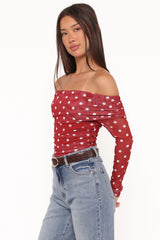 Caelira Off Shoulder Top - Red Polka Dot