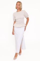 Callista Shirred Waist Top - Beige Gingham