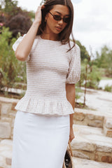 Callista Shirred Waist Top - Beige Gingham