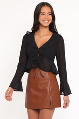 Elora Chiffon Ruffle Front Top - Black