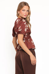 Griffin Peplum Blouse - Brown Floral