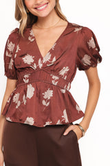 Griffin Peplum Blouse - Brown Floral